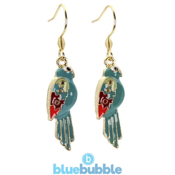 bluebubble BIRD OF PARADISE Parrot Gold Plated Dangle Earrings on Gift Card