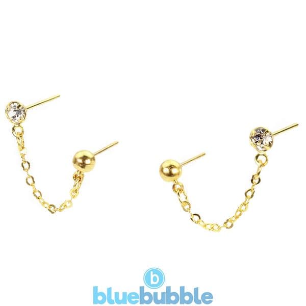 bluebubble CHAINED Double Piercing Connected Chain CZ and Ball Stud Earrings on Gift Card