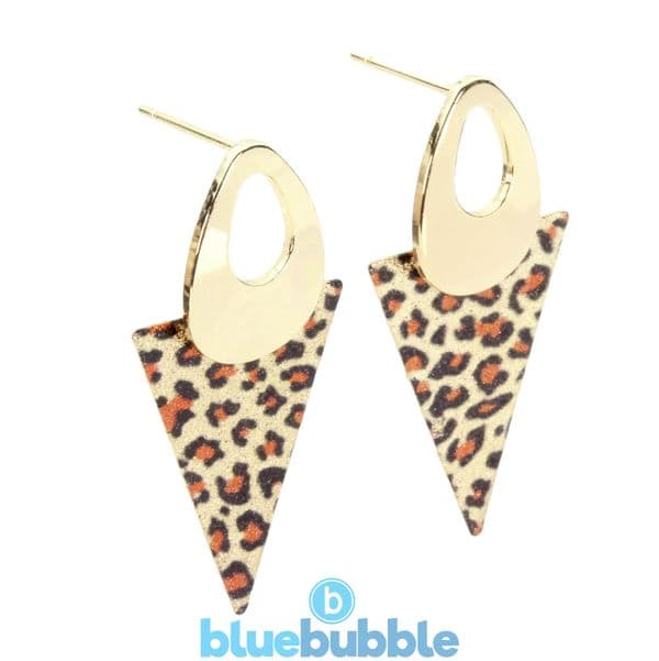 bluebubble EXOTIC Gold Plated Geometric Triangle Leopard Print Statement Stud Dangle Earrings on Gif