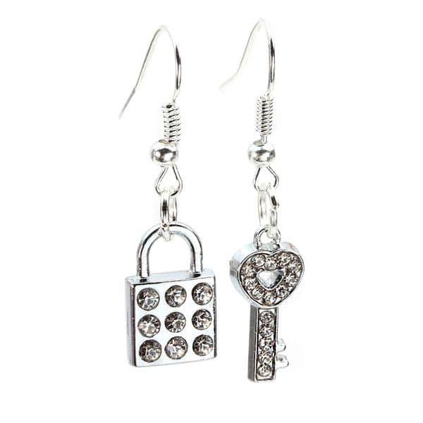 bluebubble FOREVER Silver Diamante Padlock and Key Dangle Earrings on Gift Card