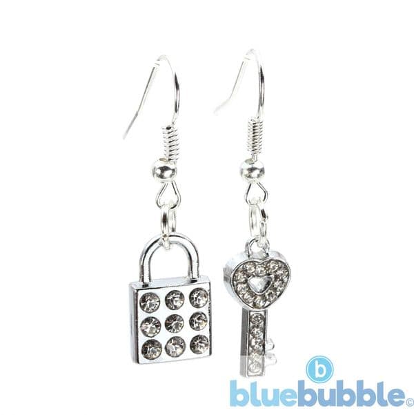 bluebubble FOREVER Silver Diamante Padlock and Key Dangle Earrings on Gift Card