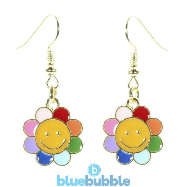 bluebubble HAPPY FACE Rainbow Flower Dangle Earrings on Gift Card