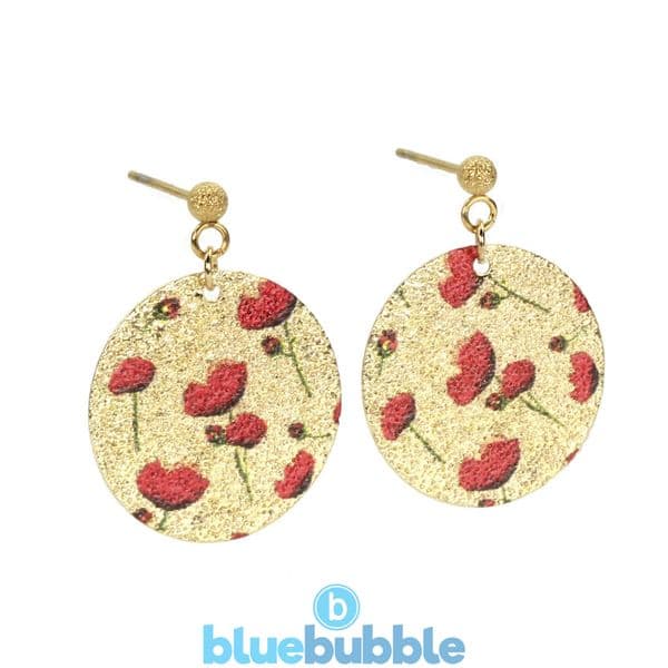 bluebubble POPPY DAYS Gold Plated Poppy Print Round Disc Dangle Stud Earrings on Gift Card