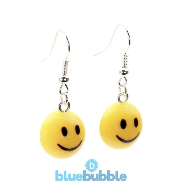 bluebubble RAVE ON Yellow Happy Face Charm Dangle Earrings on Gift Card