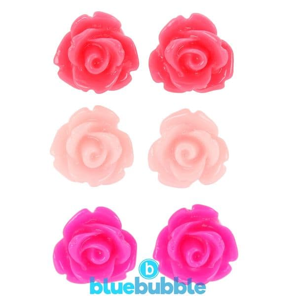 bluebubble ROSE BUD Earrings - Set of 3 Pairs 10mm Rose Earrings on Gift Card