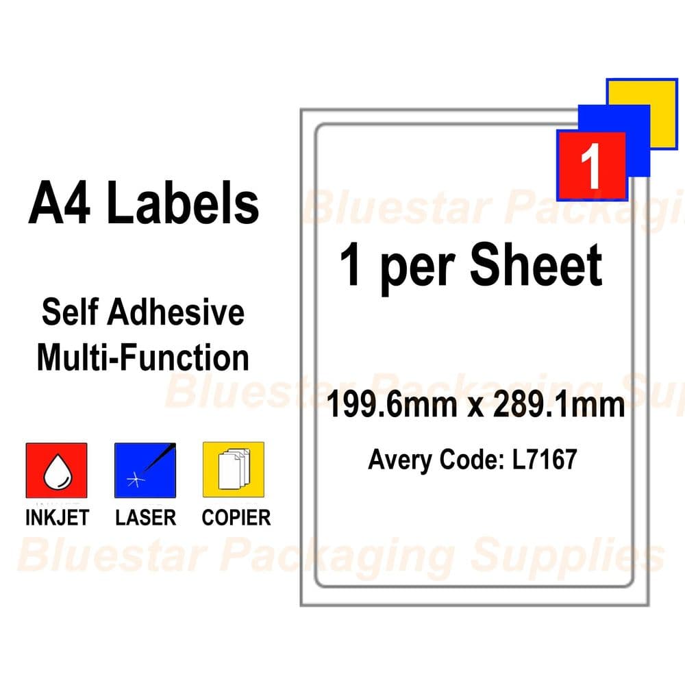 1 Labels / sheet Blank A4 White Address Label for Inkjet / Laser Printers - Box of 100 sheets
