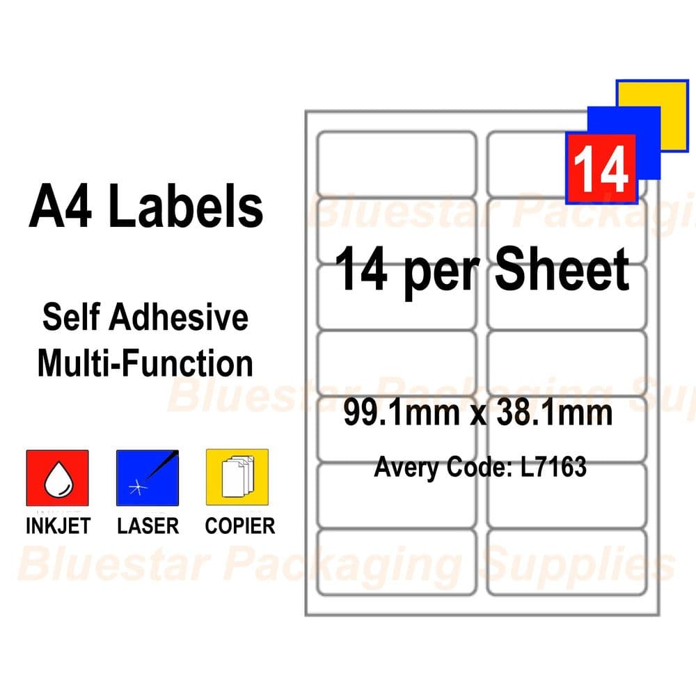 14 Labels / sheet Blank A4 White Address Label for Inkjet / Laser Printers - Box of 100 sheets