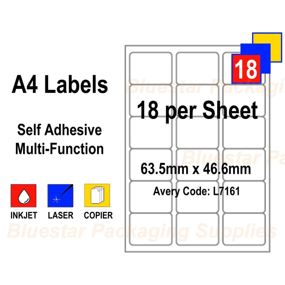 18 Labels / sheet Blank A4 White Address Label for Inkjet / Laser Printers - Box of 100 sheets