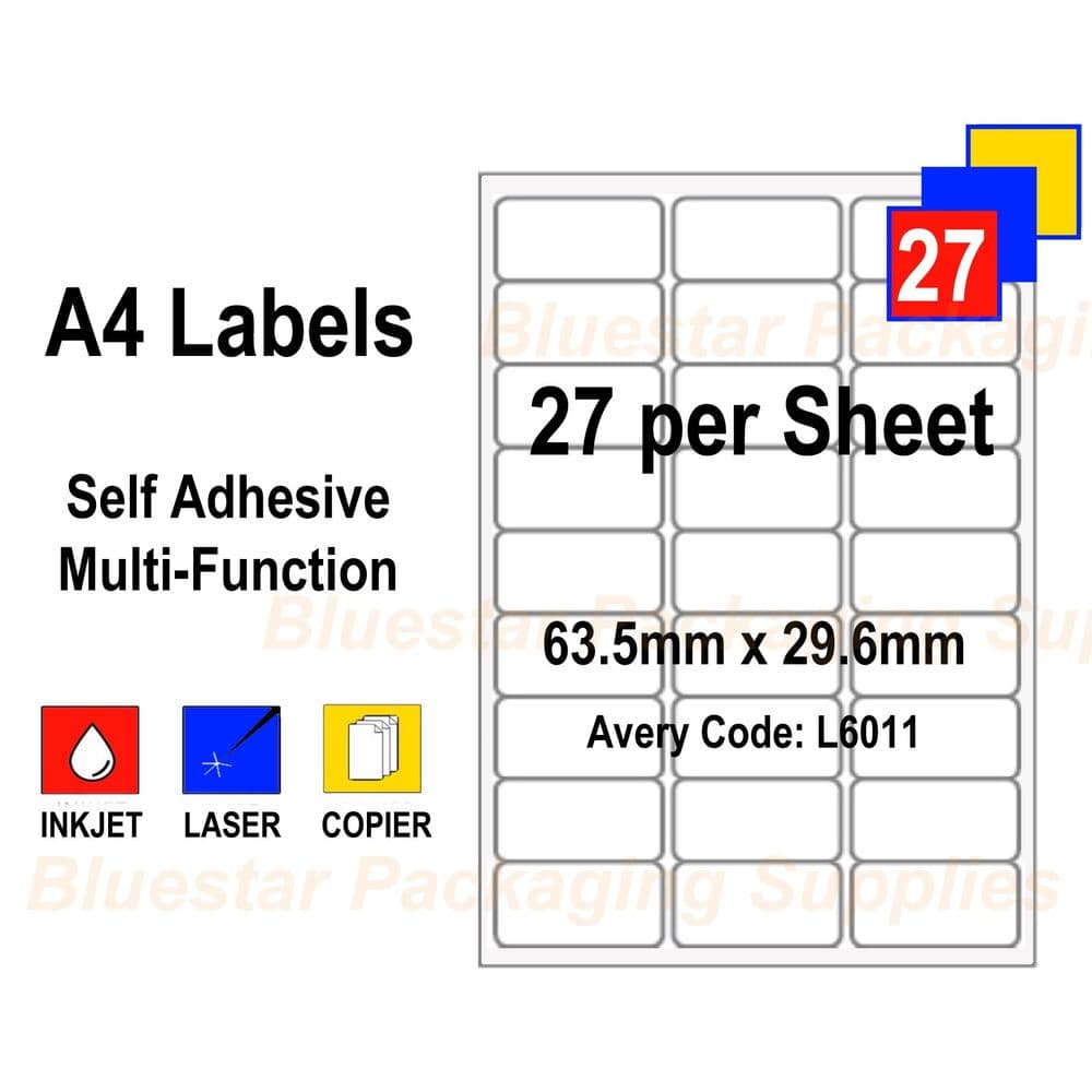 27 Labels / sheet Blank A4 White Address Label for Inkjet / Laser Printers - Box of 100 sheets