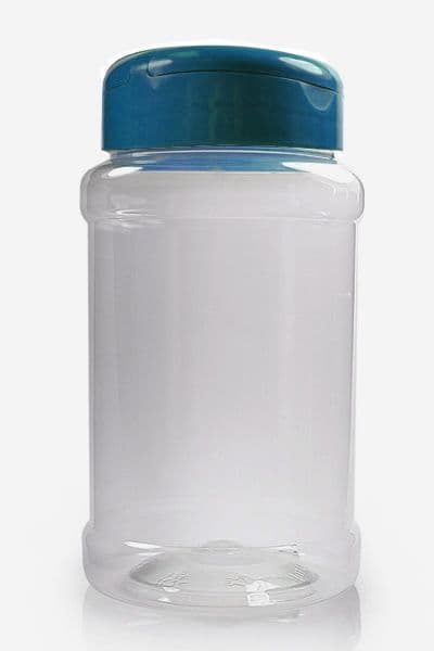 500ml Clear Cylindrical PET Plastic Storage Jar With Blue Shaker Screw Cap
