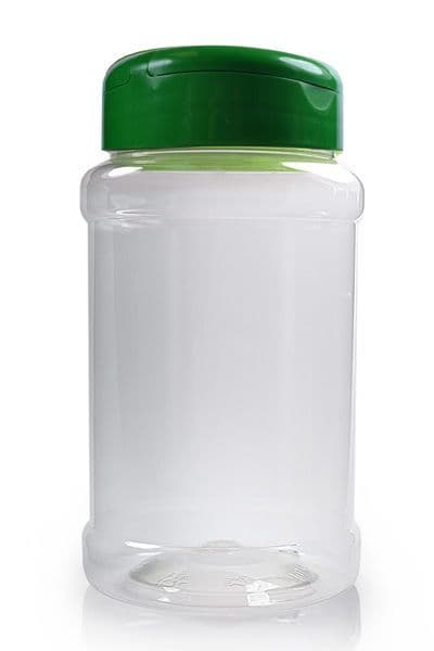 500ml Clear Cylindrical PET Plastic Storage Jar With Green Shaker Screw Cap