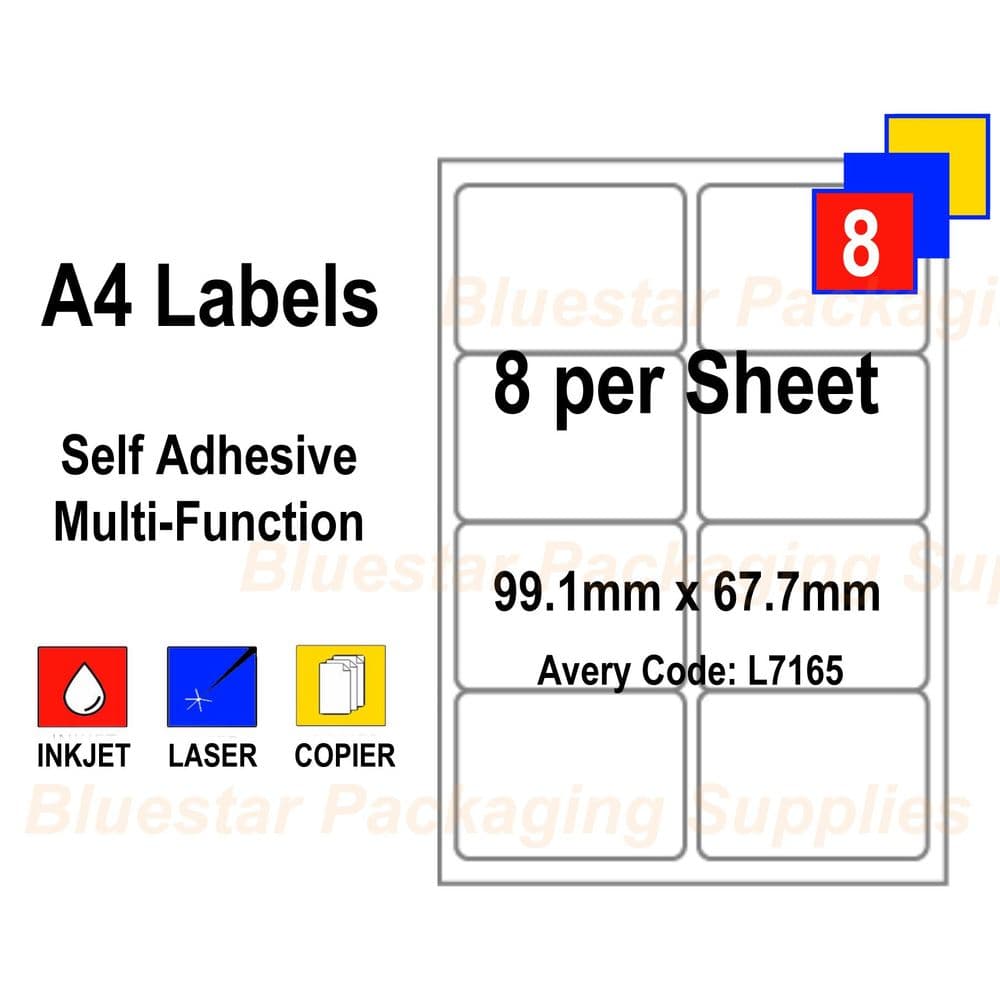 8 Labels / sheet Blank A4 White Address Label for Inkjet / Laser Printers - Box of 100 sheets