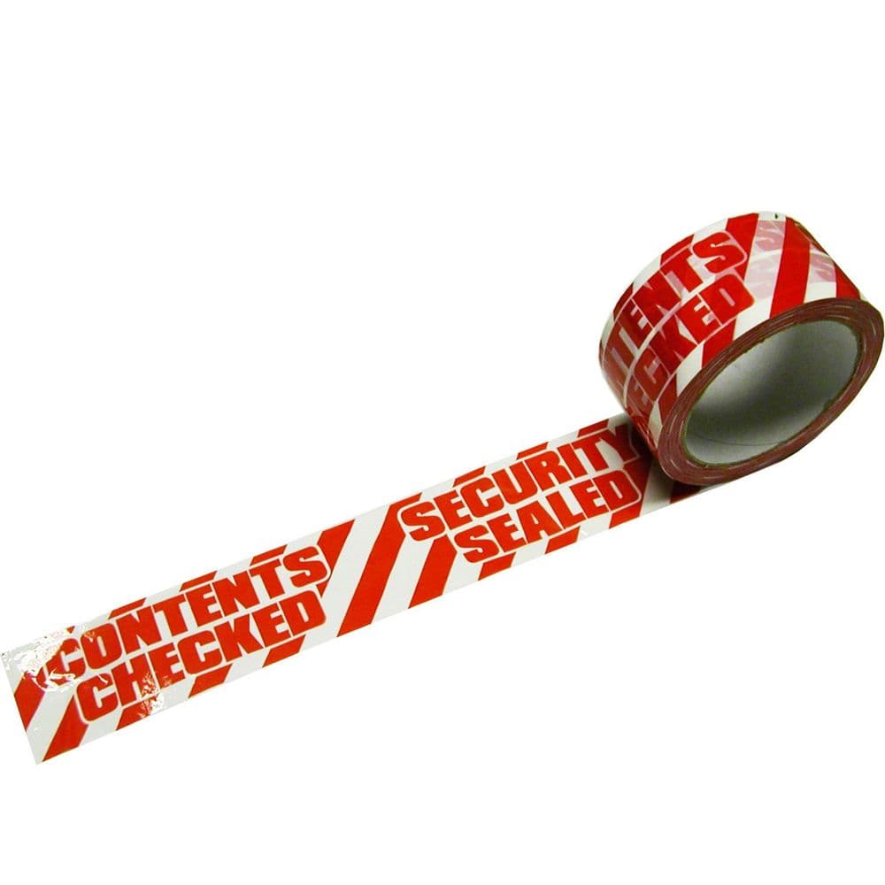 CONTENTS CHECKED SECURITY SEALED Polypropylene Printed Tape 48mm x 66m (6 roll pack)