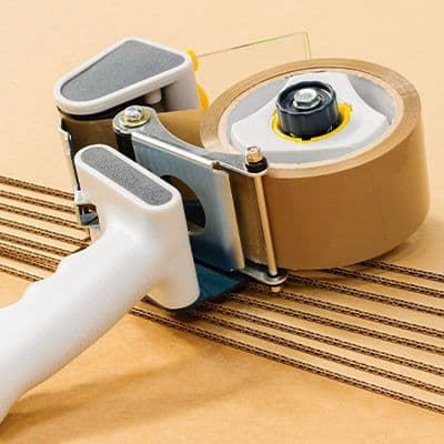 Tape gun with tape lying on cardboard boxes