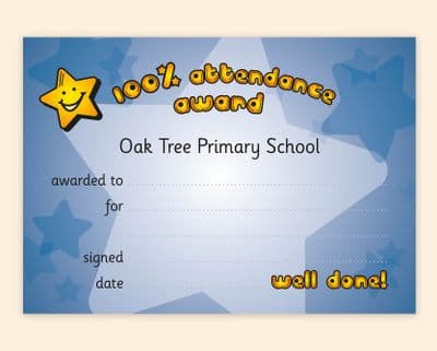 100% Attendance (x 50) – Primary School Award Certificate