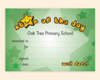 Star of the Day (x 50) – Primary School Award Certificate
