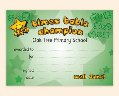Times Tables (x 50) – Primary School Award Certificate