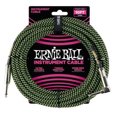 Ernie Ball 10ft Straight-Angle Braided Instrument Cable, Black/Green