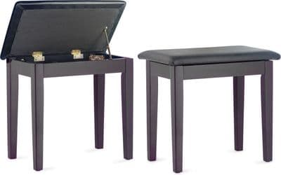 Matt Piano Bench, Rosewood Colour, with Black Vinyl Top and Storage Compartment