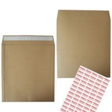 60 x Large Brown 12" Record Vinyl Self Seal Board Mailers + Free Fragile Labels