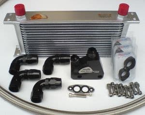 LS Chevy V8 engine oil cooler kit - Billet oil take off, Stealth black hose ends