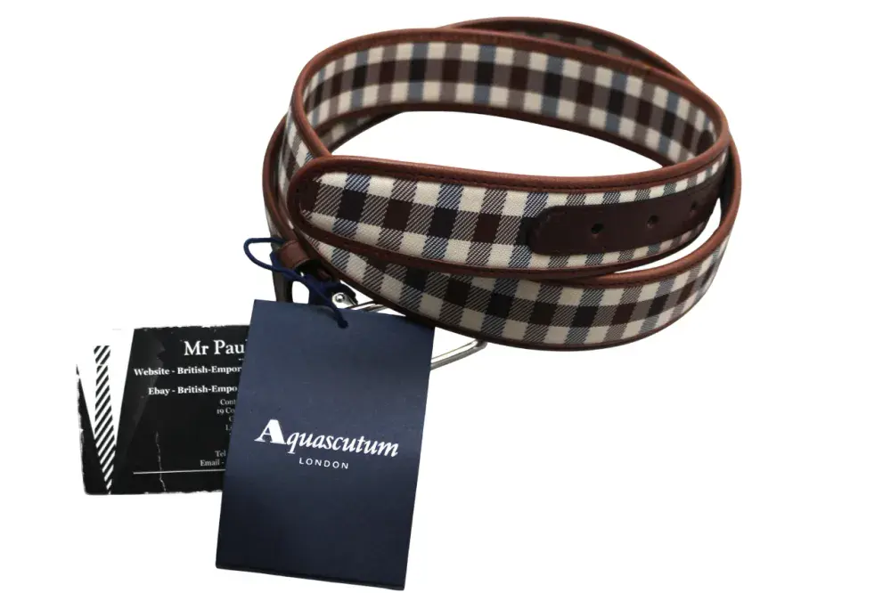 AQUASCUTUM Brown Leather Vicuna House Check Belt Made in Italy