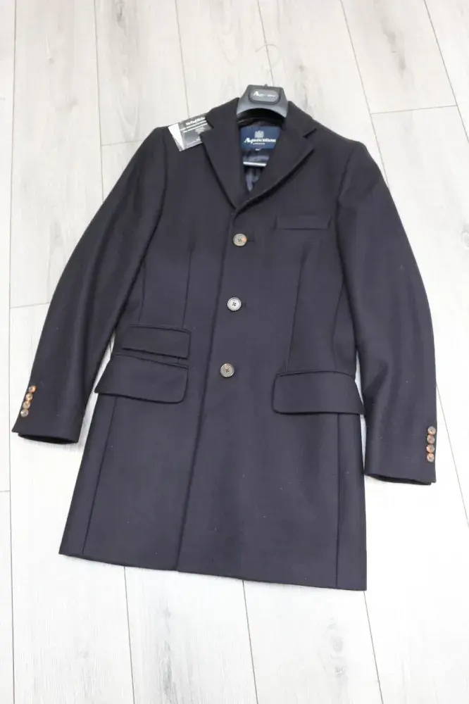 AQUASCUTUM Navy Soft Flannel Wool Over Coat