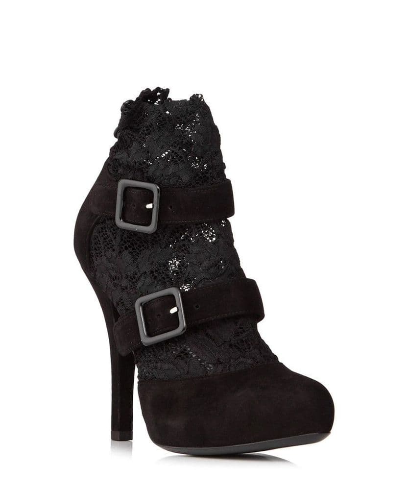 DOLCE & GABBANA Black Suede Brocade Lace Belted Boots Shoes BNIB Made In Italy