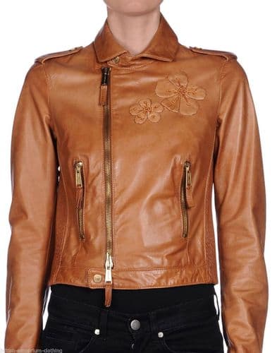DSQUARED DSQUARED2 Tan Brown Ovine Lamb Leather Biker Jacket BNWT UK8-10 ITA42