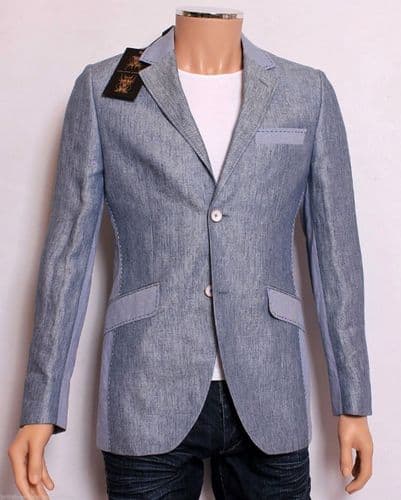 HOLLAND ESQUIRE Blue Linen Herringbone HAND CUSTOMISED Panelled Jacket BNWT Uk36