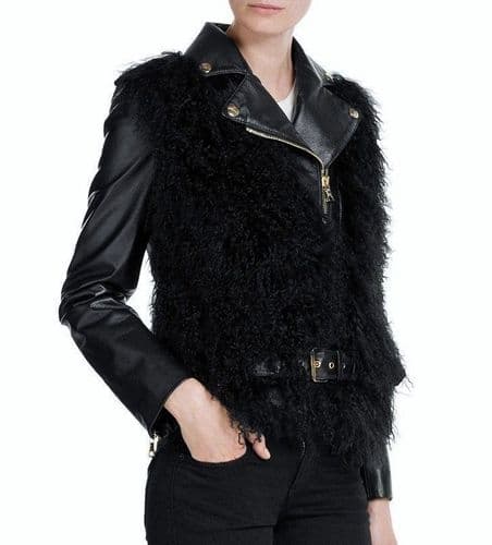 MOSCHINO Black Goat Skin Shearling Panel Biker Jacket Coat BNWT UK12 IT44 US10