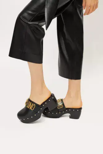 MOSCHINO COUTURE Black Leather Studded Gold Logo Clogs Mules Shoes