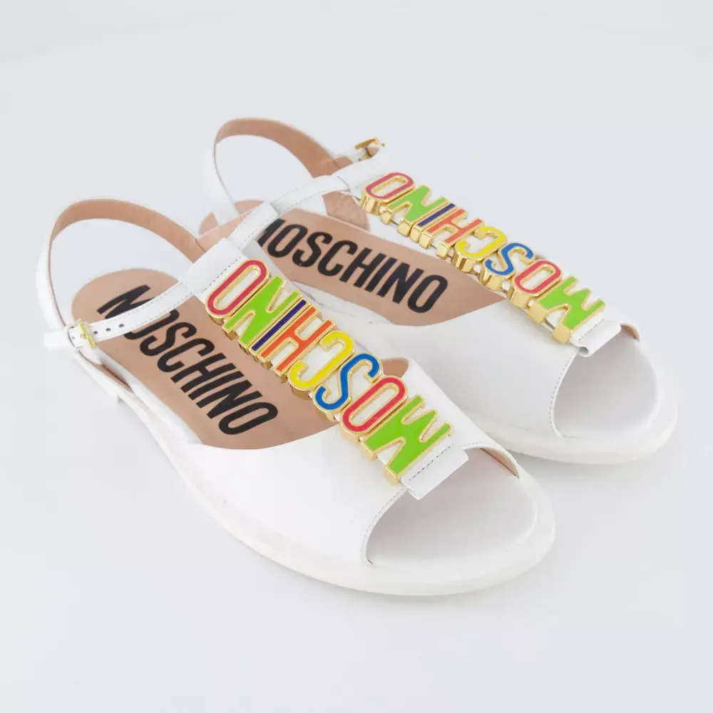 MOSCHINO Couture White Leather Colourful Lettering Logo Flat Sandals Shoes UK5