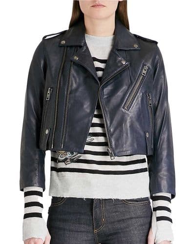 ZADIG & VOLTAIRE Navy Cropped Soft Lambs Leather LIYO Jacket LARGE NEW + TAGS