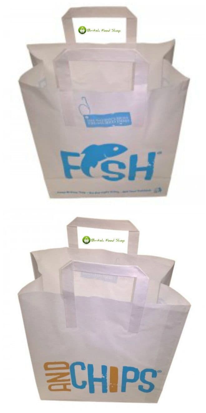 100 Fish & Chips Carrier Bags with Handles - White Paper 260 x 390 x 305mm