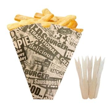 200 News Print Chip Shop Cones + 200 Wooden Forks - Party BBQ Catering