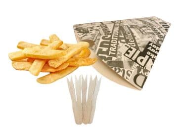75 News Print Chip Shop Cones + 75 Wooden Chip Shop Forks - Party BBQ Catering