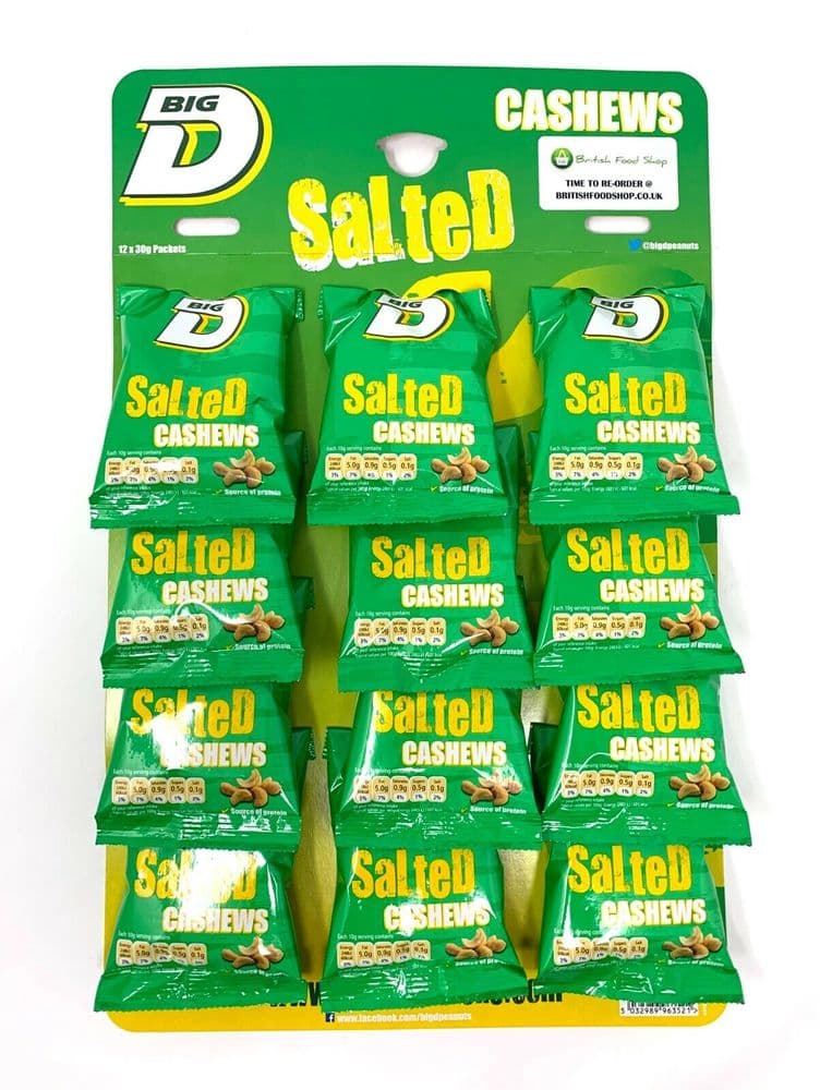 Big D Cashew Nuts on a Pub Card 12 x 30g Packs Bar Snacks Peanuts