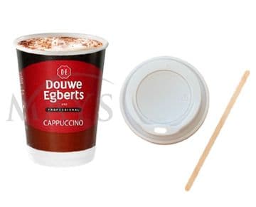 British Food Shop 2Go Douwe Egberts Cappuccino in 12oz Branded Cups [Pack of 20 + Lids and Stirrers]