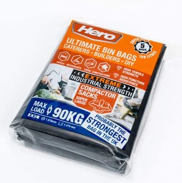 Hero Ultimate XXL Strong Heavy Duty Black Bin Bags 158L Max 90KG Waste Sacks