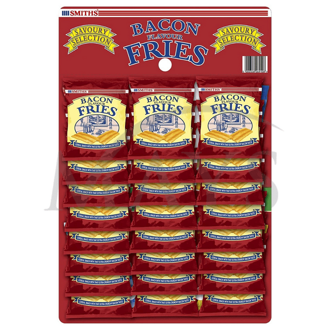 SMITHS BACON FRIES 48 x 24gram PACKETS ON TWO PUB SNACK CARDS