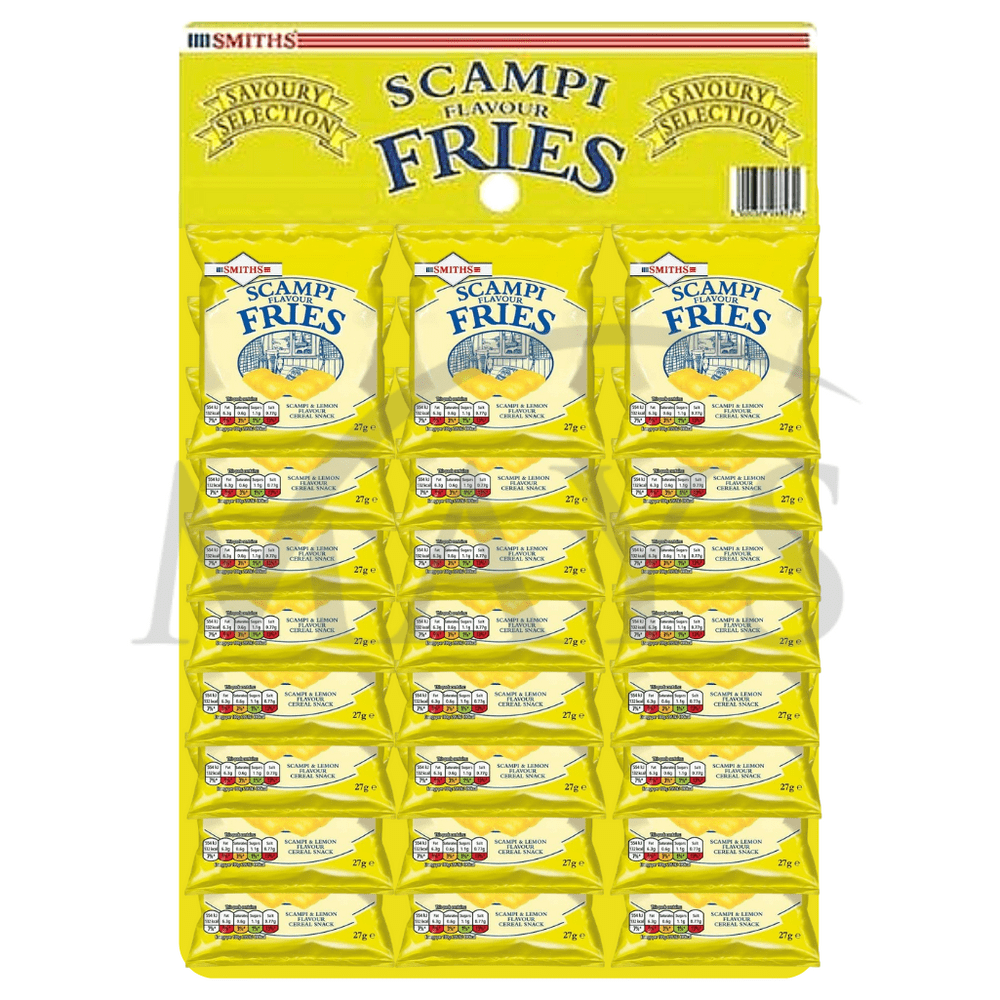 Smiths Scampi Fries 24 x 27gm Packets on a Pub Snack Card