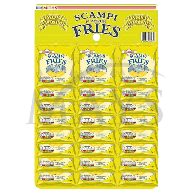 Smiths Scampi Fries 24 x 27gm Packets on a Pub Snack Card