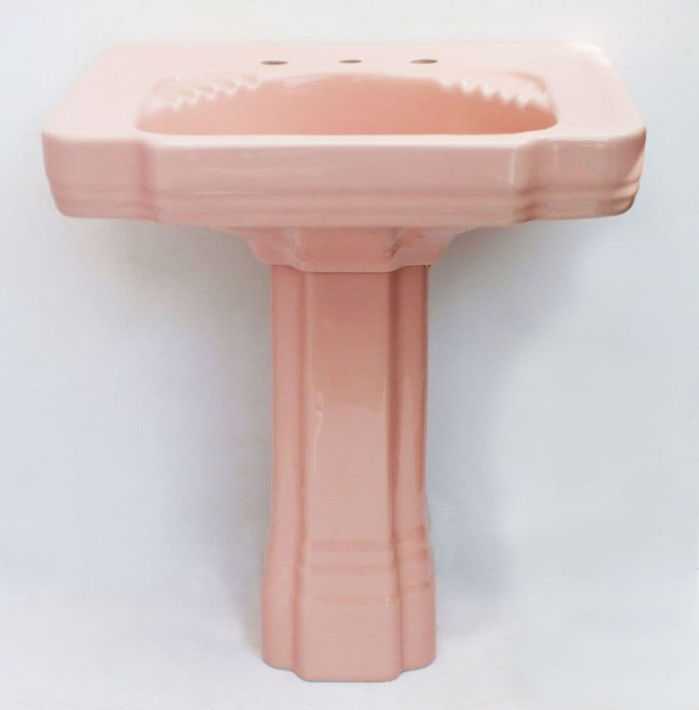 "Standard" Neo Lux Art Deco Washbasin / Sink & Pedestal in Coral Pink (Circa 1955)