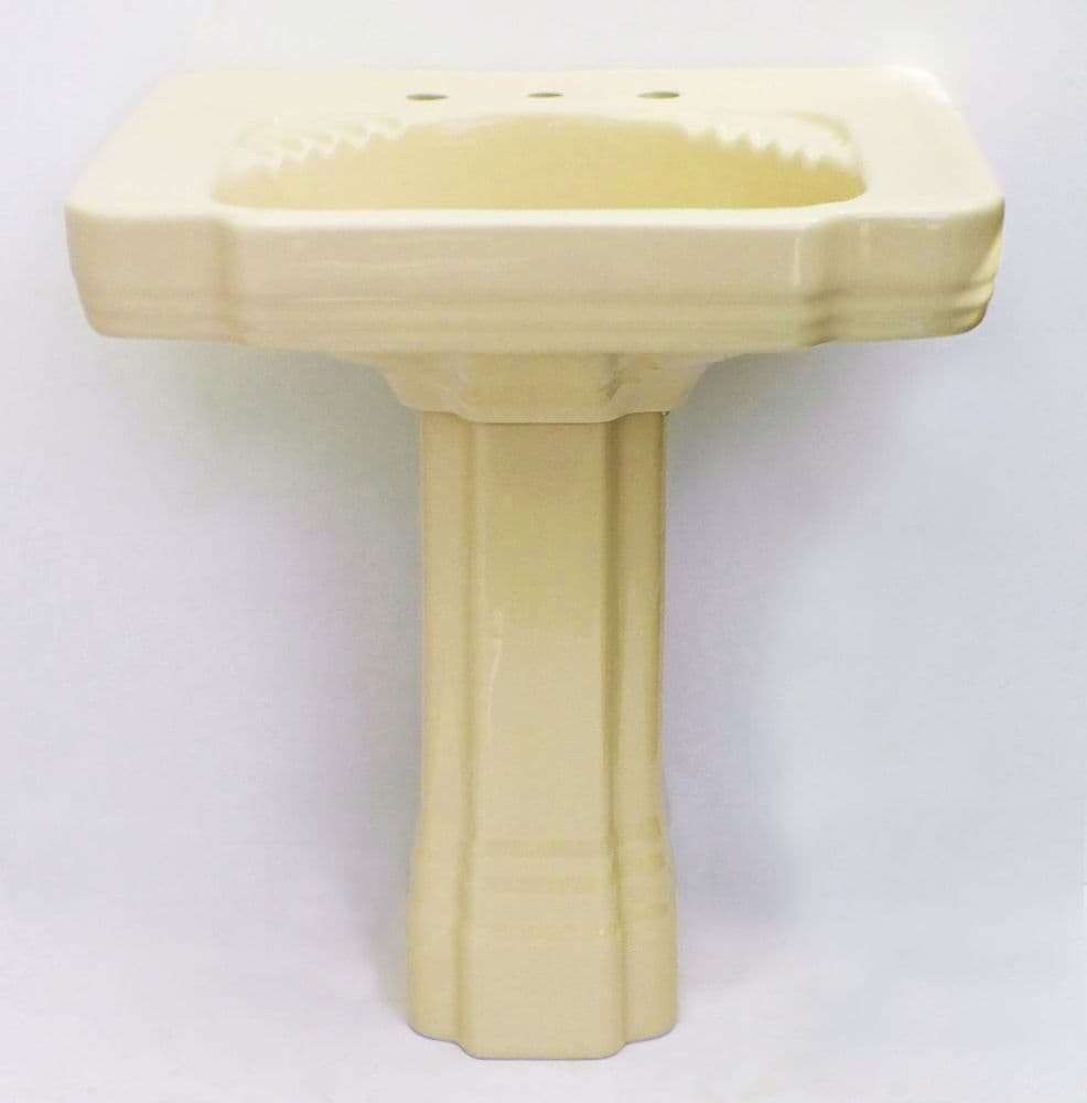 "Standard" Neo Lux Art Deco Washbasin / Sink & Pedestal in Creamy Yellow (Circa 1955)