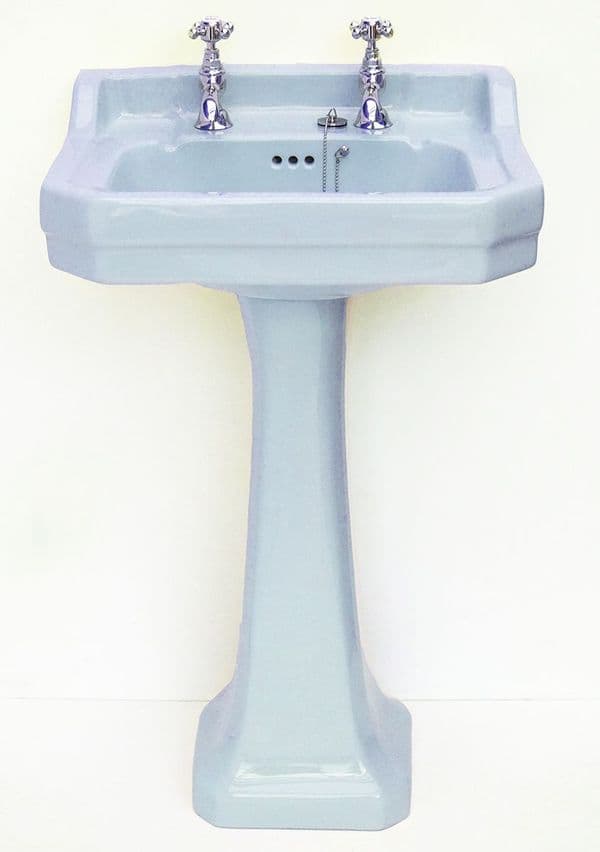 Armitage Blue Edwardian Art Deco 61cm 2TH Basin / Sink & Pedestal