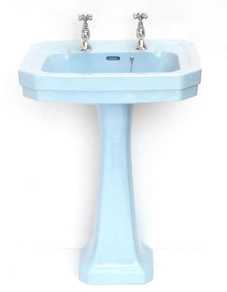 Armitage Blue Victorian Art Deco 61cm 2TH Basin / Sink & Pedestal