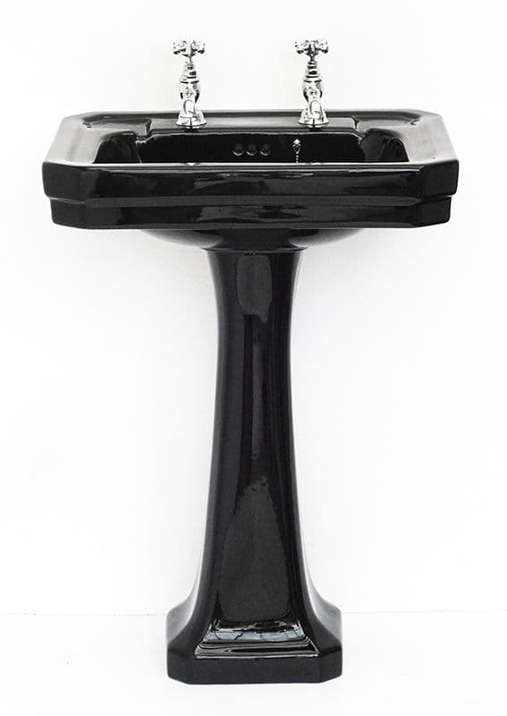 Black Victorian Art Deco 61cm 2TH Basin / Sink & Pedestal