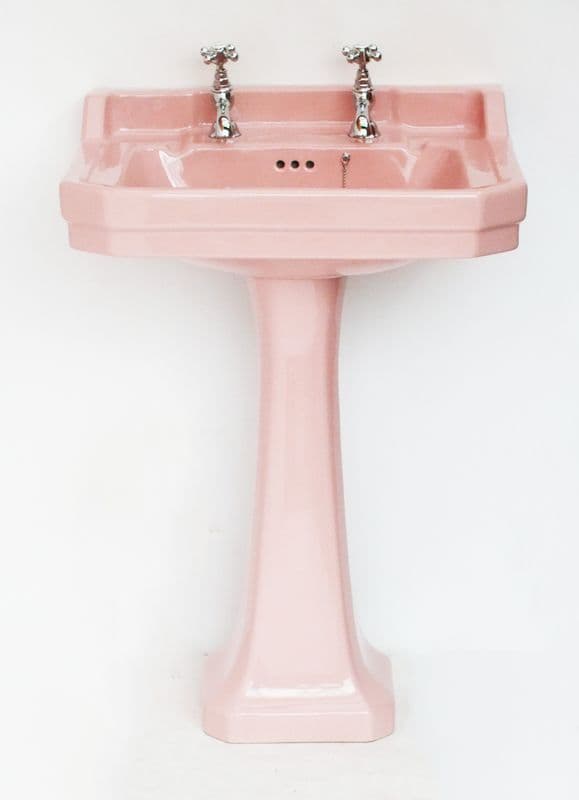 Coral Pink Edwardian Art Deco 56cm 2TH Basin / Sink & Pedestal