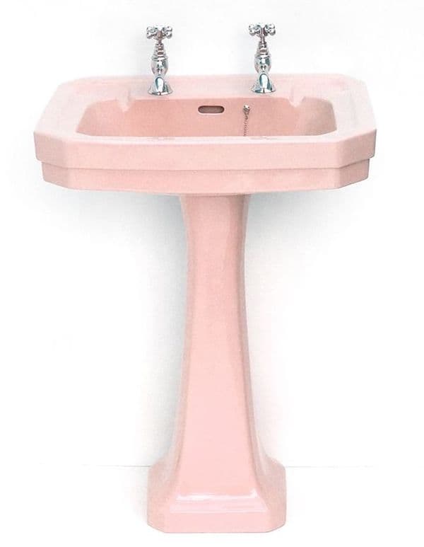 Coral Pink Victorian Art Deco 61cm 2TH Basin / Sink & Pedestal